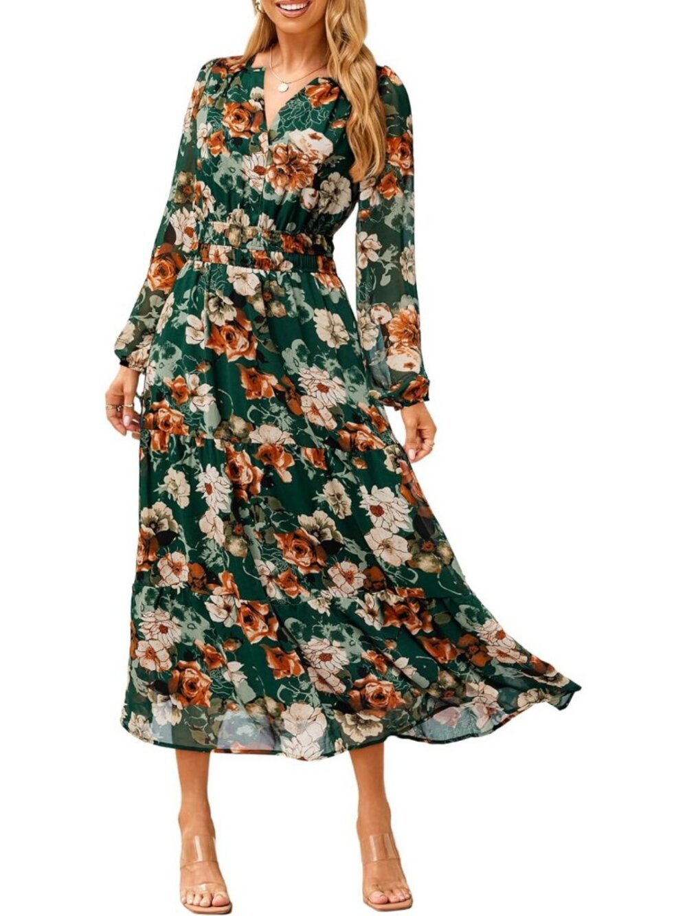 Floral Boho Long Sleeve Maxi Dress - V Neck Empire Waist Swing Wedding Guest